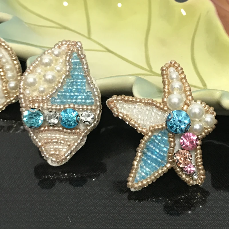 

Handmade sea shell design glass beaded rhinestone patch, Custom colors
