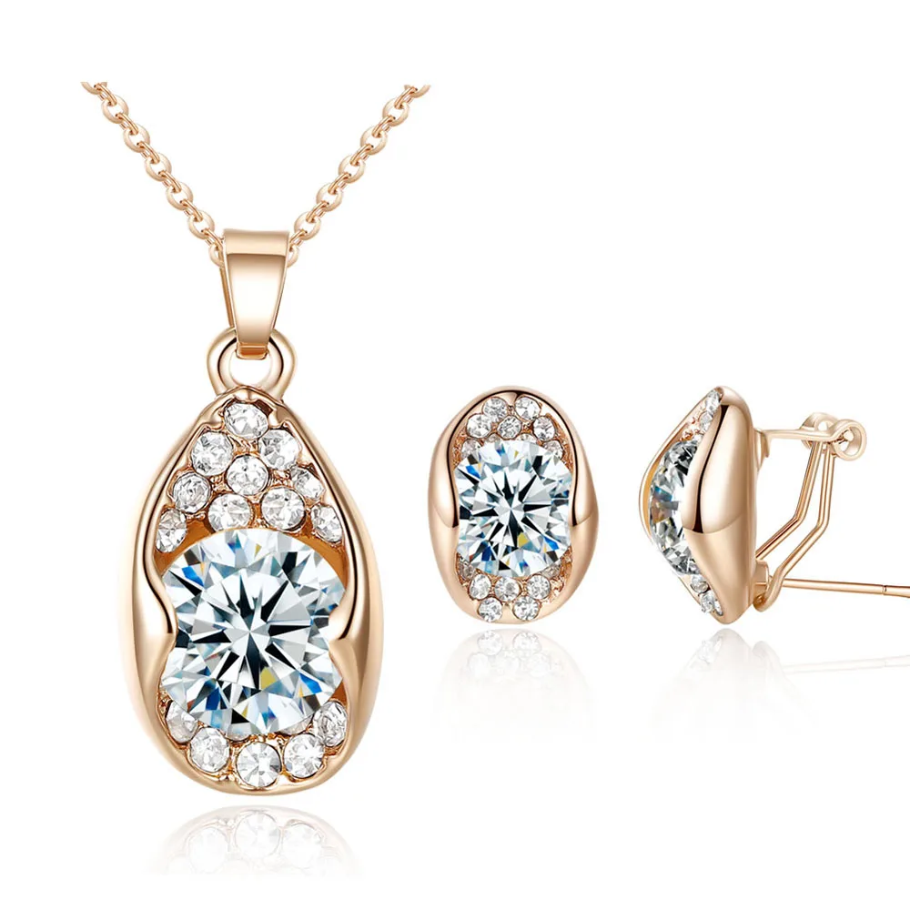 

2019 New Korean Fashion Ladies Stud Earrings Girls Tear Drop Shape Zirconia Rose Gold Necklace Pendant Women Jewelry Set