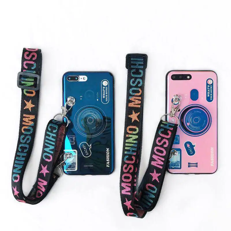 3D Camera phone case Mirror Holder Led Selfie Light Mobile Phone Case with Lanyard for samsung S8 S9 S10 A10 A50