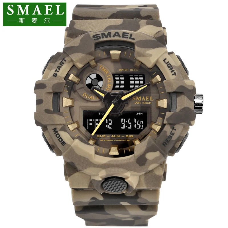 

Top Fashion Military Camouflage Military Large Dial Waterproof Sports Quartz Digital Led Clock Smael Brand 8001 Men Wrist Watch