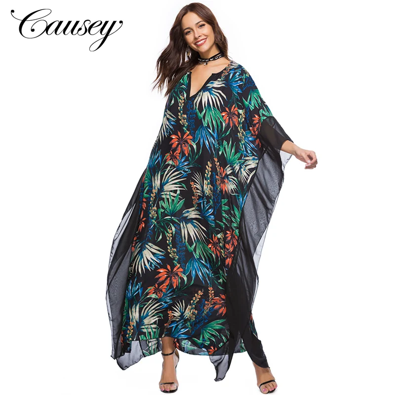 

Maxi Boho Long V Collar Bat Sleeve evening Floral Print Dress, Floral/tropical print