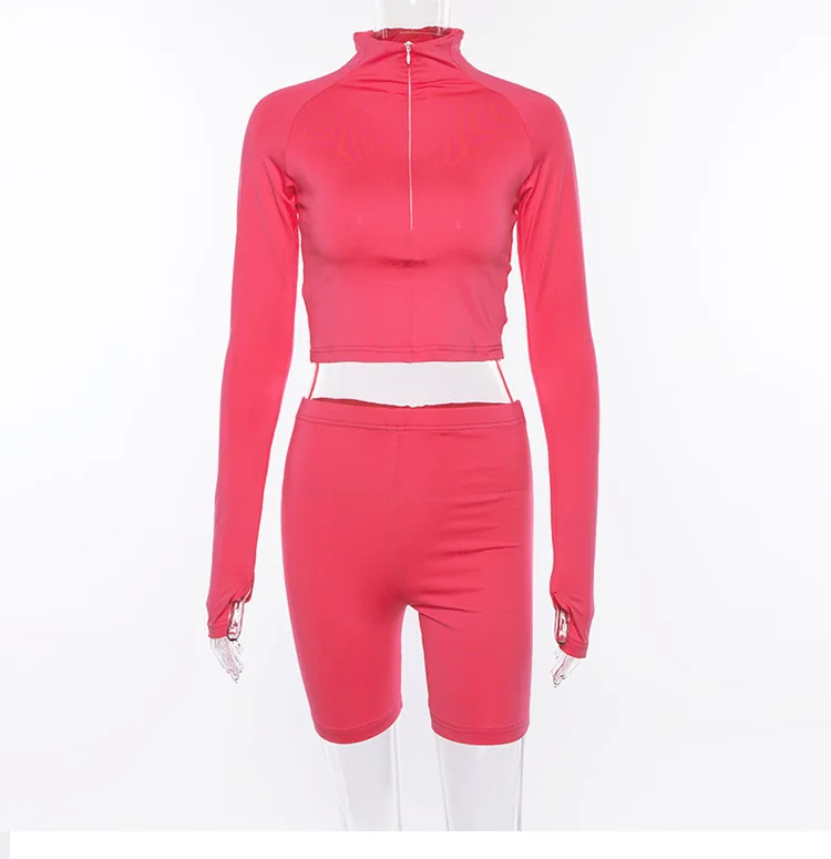 

fashion neon green women sets zipper sexy crop tops with hole thumbs long sleeve two pieces high waist shorts, N/a