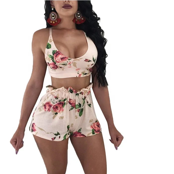 

Hot-Sale Sexy Women Floral Print Crop Top Short Pants, 4 colors