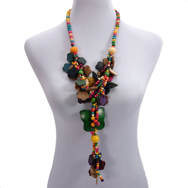 

Wholesale Multi Color Coconut Shell Bohemian Necklace for Women Knit Handmade Wood Beads Ethnic Butterfly Flower Long Necklace