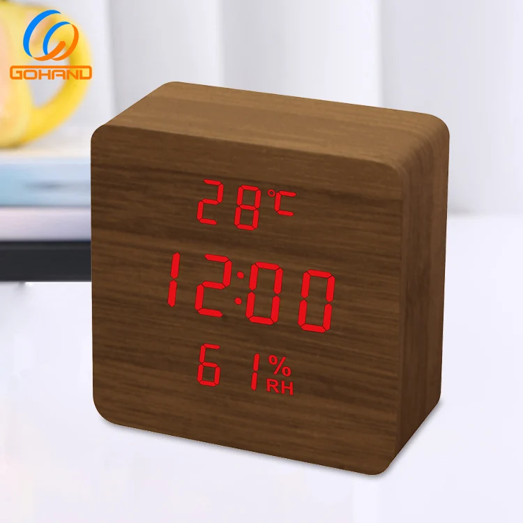 2018 New Fancy Mdf Cube Wooden Thermometer Hygrometer Led Alarm