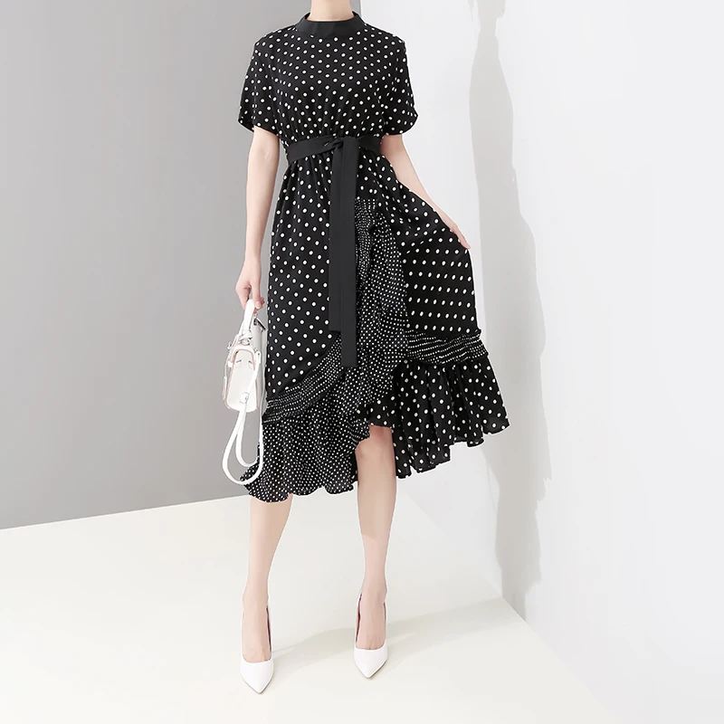 2019 Women Summer Casual Long Black A-Line Dress Polka Dots Ruffles & Sashes Ladies Elegant Party Dresses Style Robe Femme
