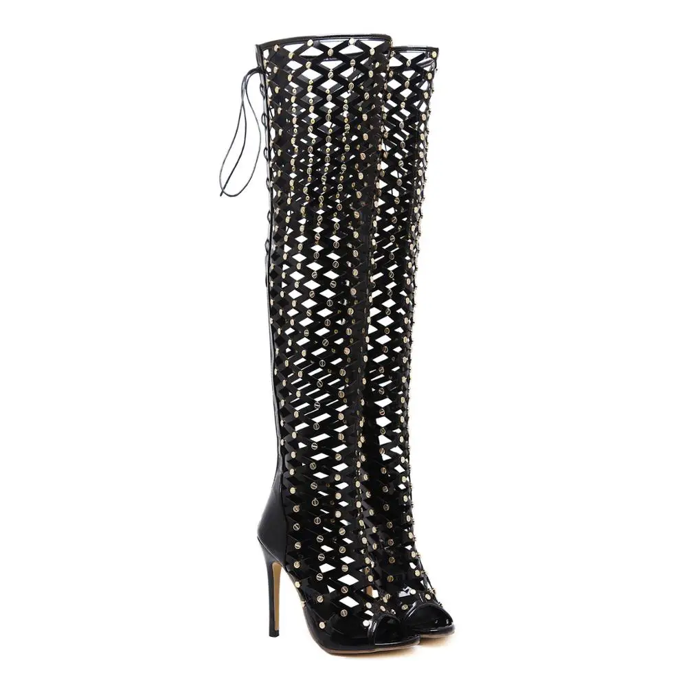 

90514-SW02 newest thigh high heels big boots hollow out with rivets for women, 1 color boots for women