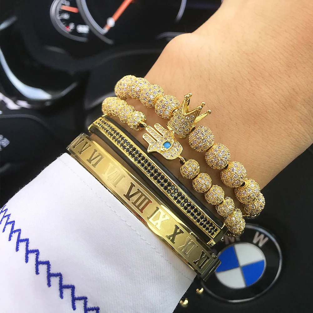 2019 Wholesale Luxury Gold Plated King Crown & Eye Bracelet Men Micro Pave CZ Balls Charm Jewelry Adjustable
