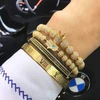 

2019 Wholesale Luxury Gold Plated King Crown & Eye Bracelet Men Micro Pave CZ Balls Charm Jewelry Adjustable