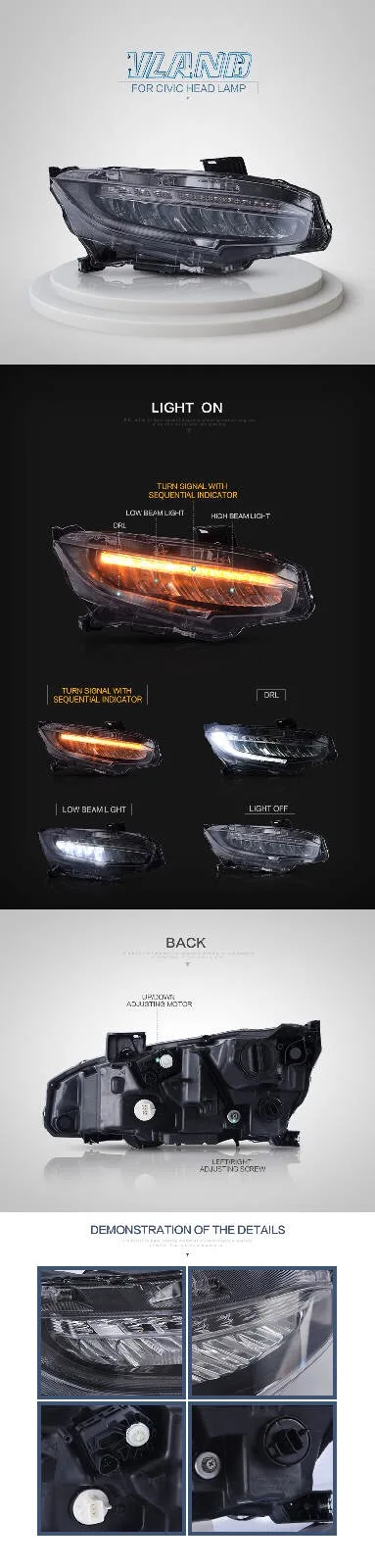 VLAND factory New headlight for Civic  Car headlight for CiviC LED head light 2016 2017 2018 2019 with wholesale price