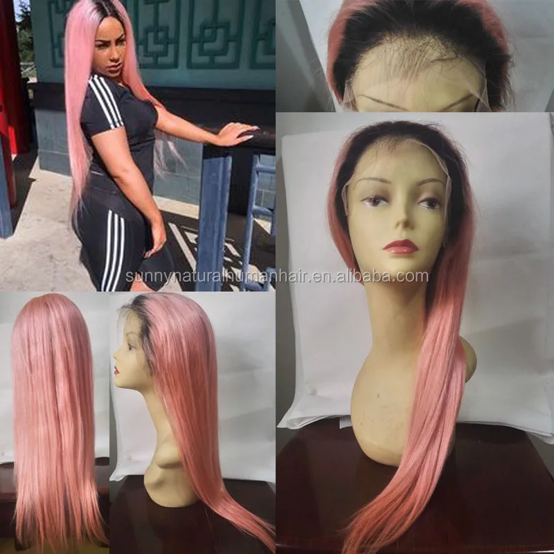 

Glueless Full Lace Wig 1B Pink Unprocessed Brazilian Virgin Human Hair Two Tone Ombre Straight Lace Front Wigs with Baby Hair, N/a