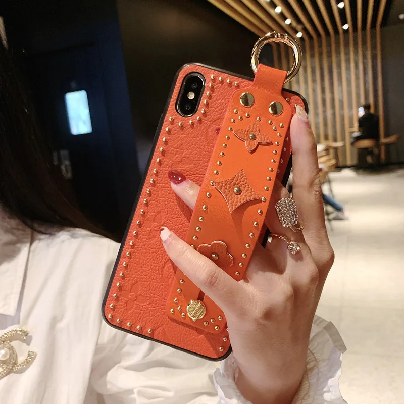 

Luxury Lady Style Rivet Real Leather Wrist Holder Phone Case for iPhone XR XS Max, For iPhone X XS Genuine Back Case, 6 colors available