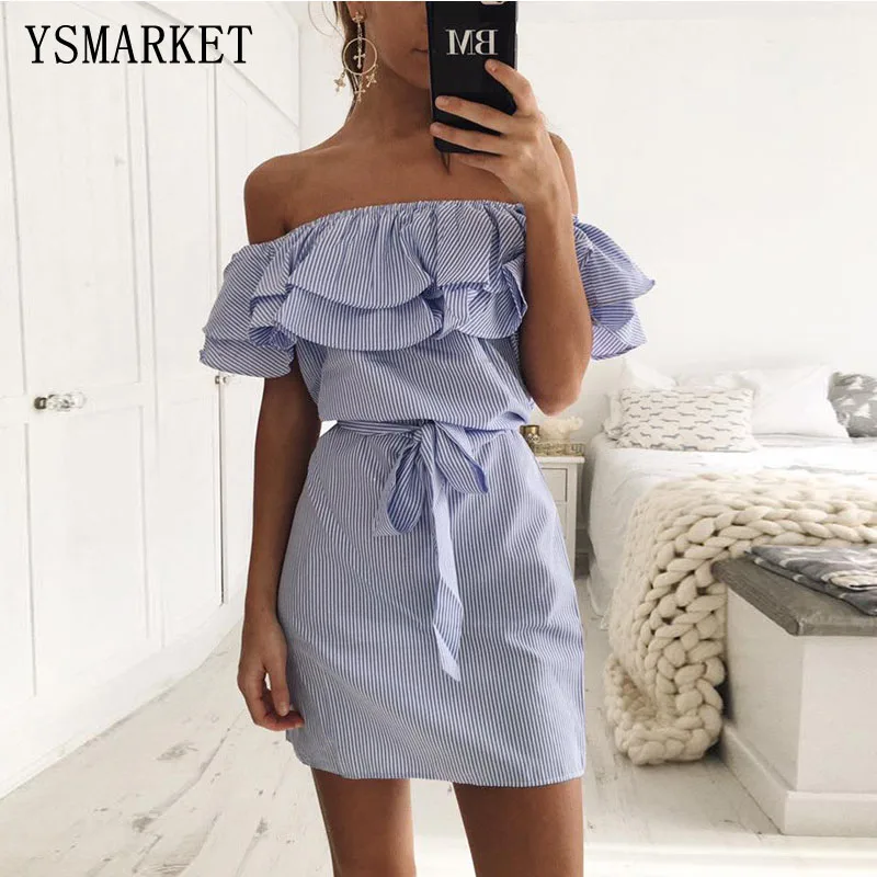 

Off Shoulder Strapless Striped Ruffles Dress Women Summer Sundresses Beach Casual Shirt Short Mini Party Dresses Robe Femme 50%