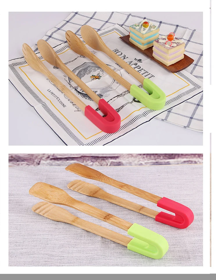 Kitchen Gadget Multi Function detachable Shovel spoon, Pure Natural Bamboo Food Clamp ,Bread tongs Salad Clips