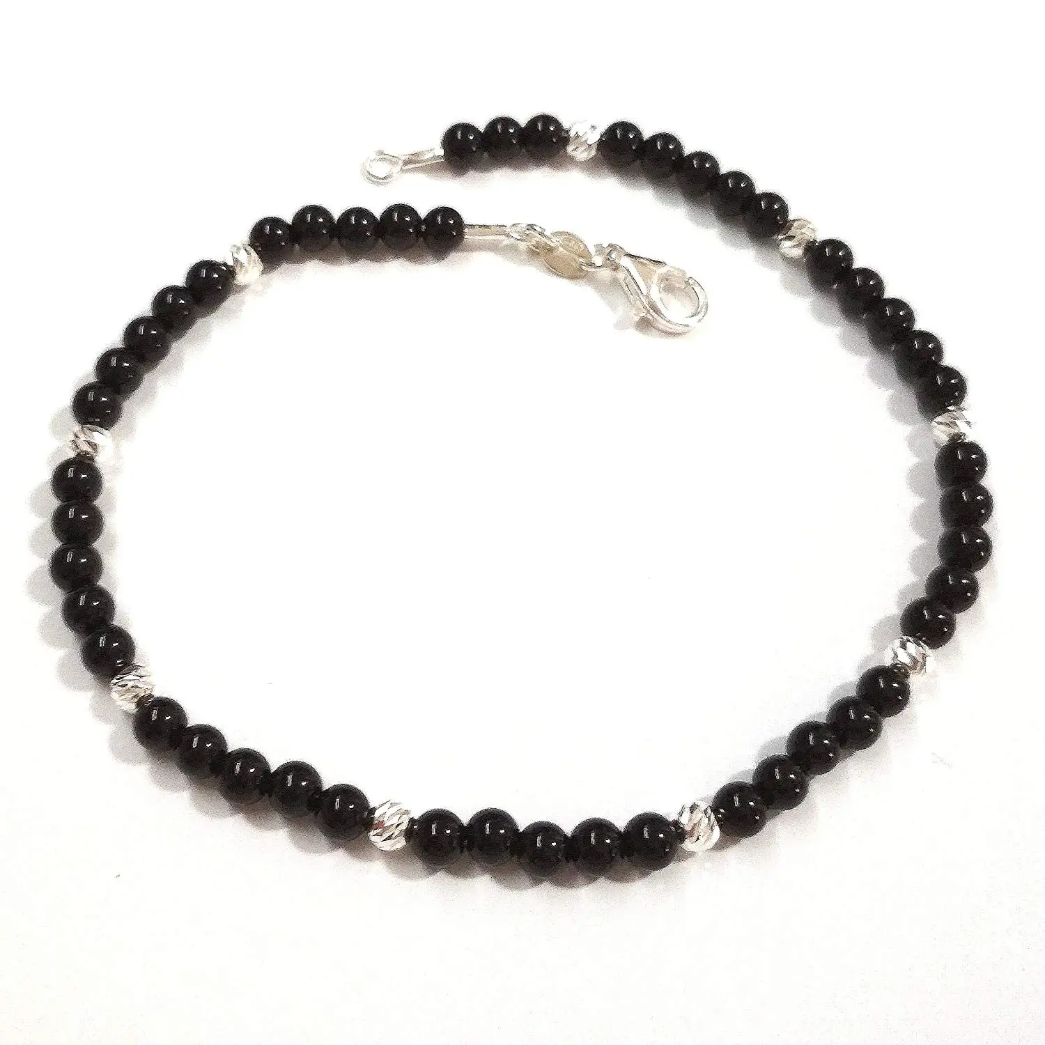 4mm Black ONYX and 925 Sterling Silver Laser Cut Beads Beaded BRACELET. Unisex. Made to your size.