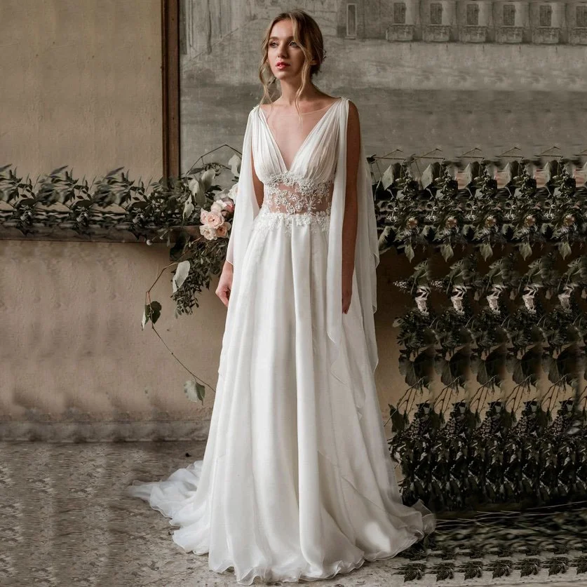 

New Arrivals Top 10 Designers Chiffon Illusion Beach Tunisian Wedding Dress, White/ivory