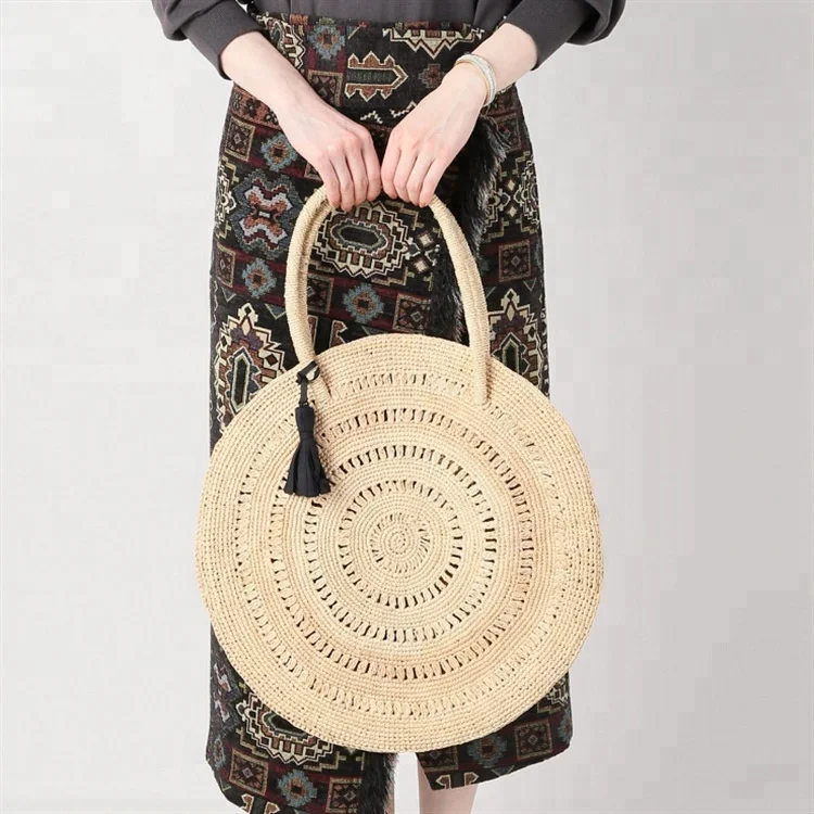 

High End Circle Crochet Raffia Straw Tote Bag Beach Handbag for Women