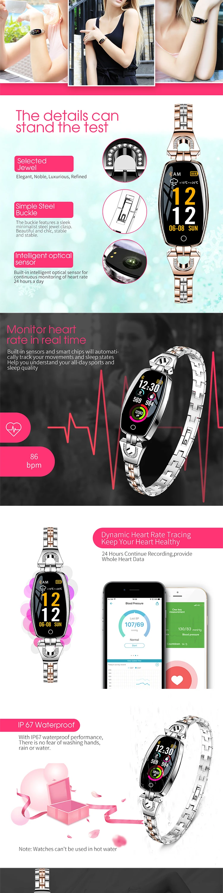 Popular Women Fitness Tracker Blood Pressure Heart Rate Monitor Waterproof Smart Watch H8 for Lady women