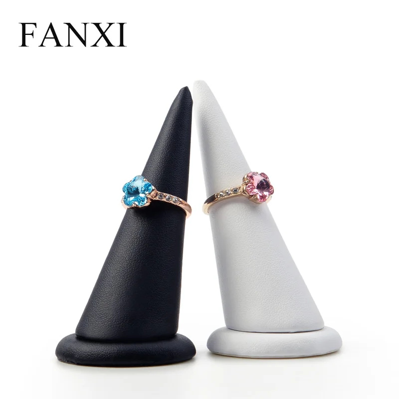 

FANXI Custom Popular PU Leather Jewelry Ring Props Counter Wedding Favors Couple Finger Rings Display Holder Cone Ring Stand, Black / white / customized color for cone ring stand