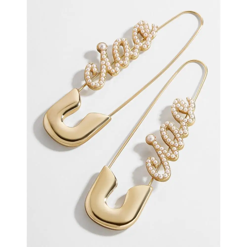 

Safety Pin Imitation Pearl Letter Earrings Brass Wire Needle Drop Earring For Women Fashion Jewelry 2019, Gold