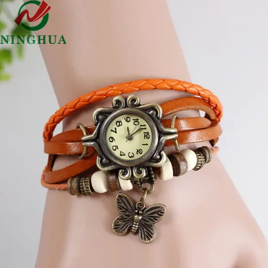 

7Colors With/Without Marks Stock Butterfly/Leaf/Owl/Heart Pendant Vintage Retro Watch Genuine Leather Lady/Girl Watch Discount