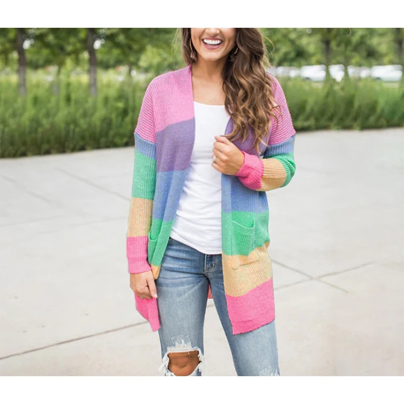 

Ready To Ship Loose Long Sleeve Striped Rainbow Colorful Cardigan, As pics show