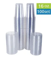 

16 oz Plastic Clear Drink PET Cups with Flat Lids, 100 Sets