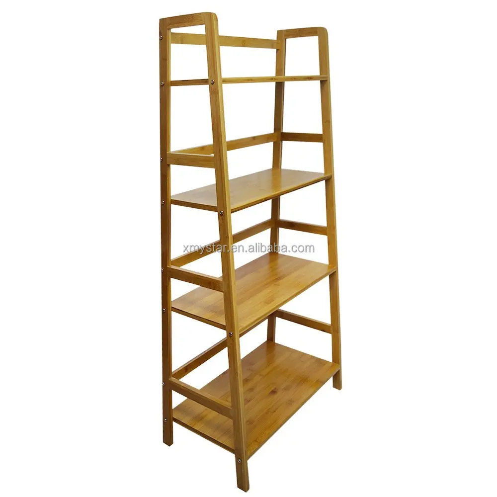 
ladder shape multi-layer freestanding bamboo Bookshelf factory BSCI 