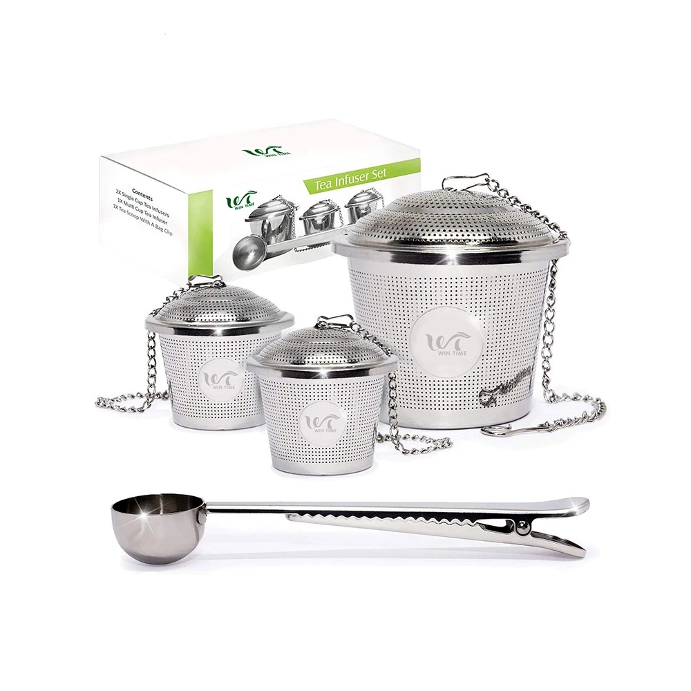 

3pcs Size Food Grade Reusable Stainless Steel Tea Infuser Strainer Set with Metal Spoon Bag Clip