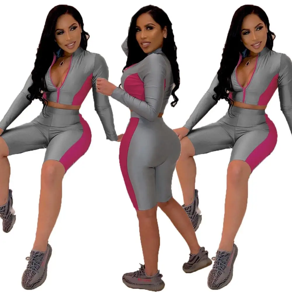 New fashion sport zipper long sleevehigh waist two pieces set block patchwork romper tracksuit