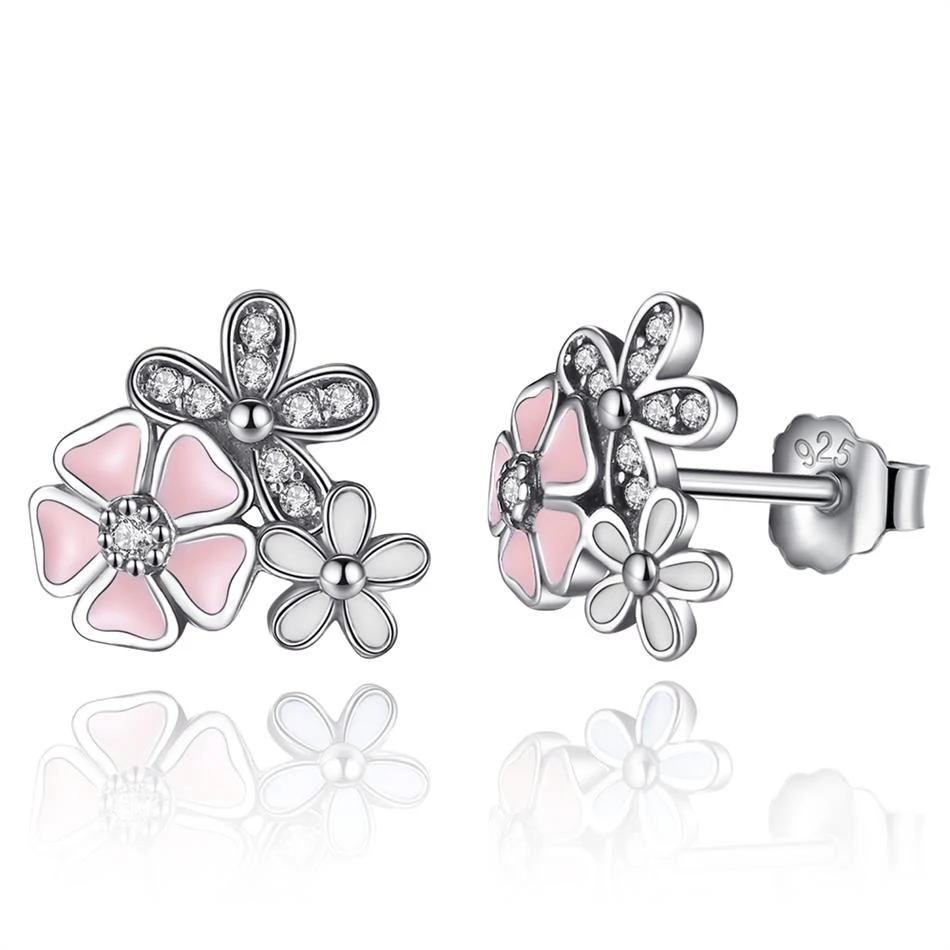 

Real 925 Sterling Silver Cherry Blossom Stud Earrings Crystal CZ Pink Enamel Daisy Flower Earrings Women Jewelry Accessories