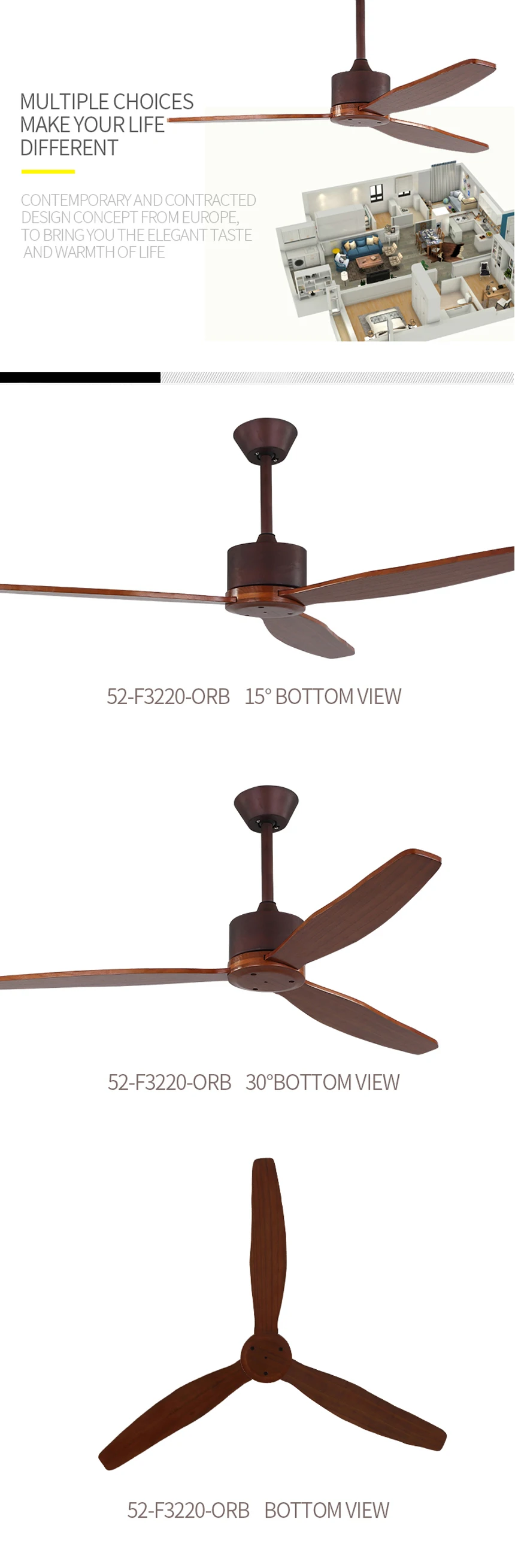 Good quality 52-F3220-ORB decorative ceiling light fan with light