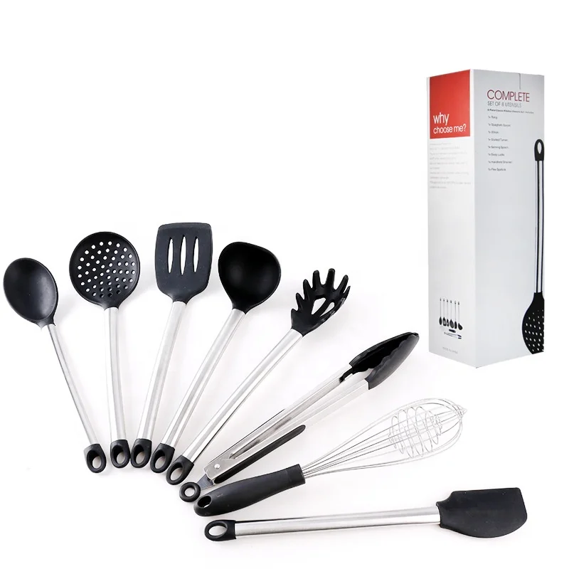 

8 Pieces Premium Silicone Kitchen Utensil Elegant Stainless Steel Cookware Set, Black;red