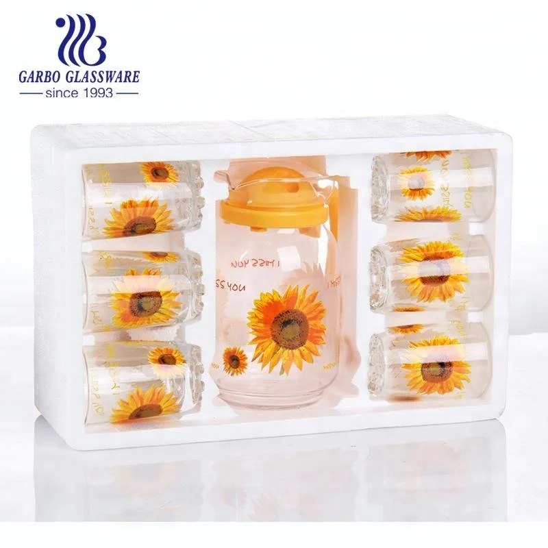 

Wholesale Fresh drinking glass cup set glass lemon jug set with gorgeous sunflower printing, Colorful