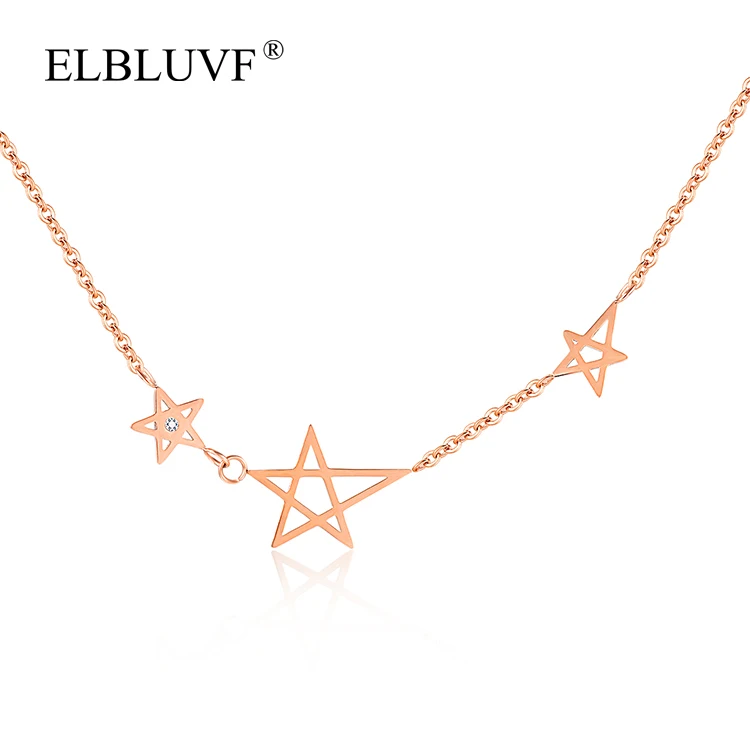 

ELBLUVF Free Shipping Stainless Steel Zircon Women Jewelry Multiple Hollow Star Necklace, Rose gold