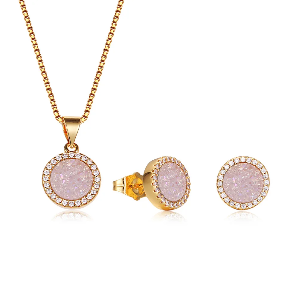 

Fashion china wholesale natural druzy stone gold plated copper micro pave zircon necklace earrings women jewelry set, Picture