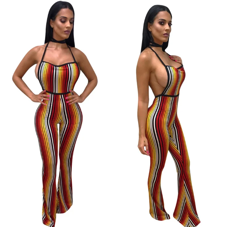 

QF0543 Wholesale 2019 Sexy Digital Print Striped Halter women's jumpsuit