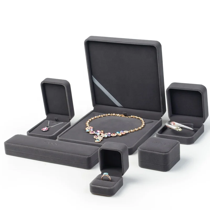 

FANXI Luxury Gift Jewellery Packaging Boxes For Wedding Ring Necklace Bracelet packing Custom Logo Gray Velvet Box Jewelry, N/a