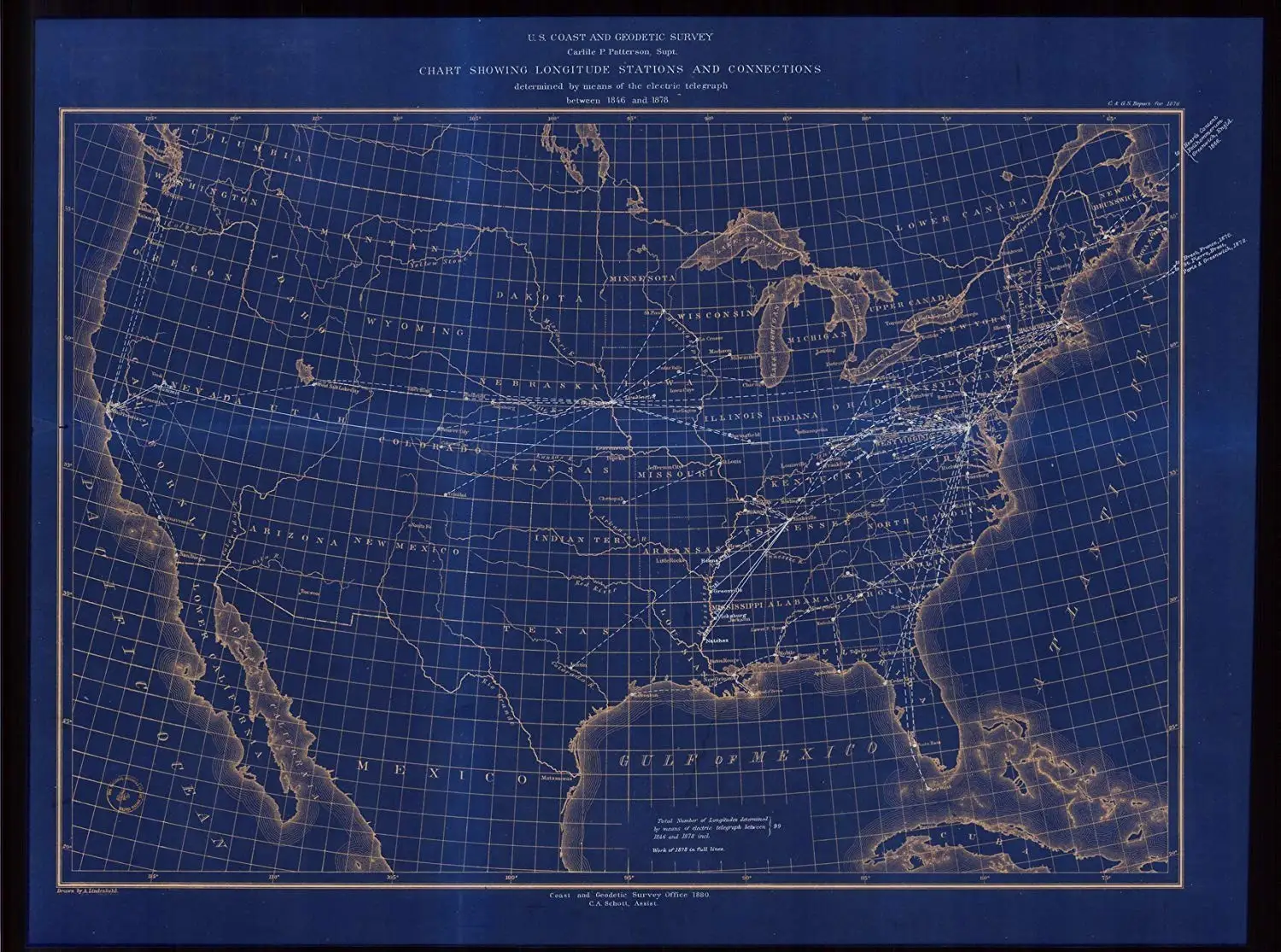 Vintography 18 x 24 Reprinted Blueprint Style Nautical Map Chart Showing Longitude Stations Connections Determined Means The Electric Telegraph Between 1846 1878 1880 NOAA 30a