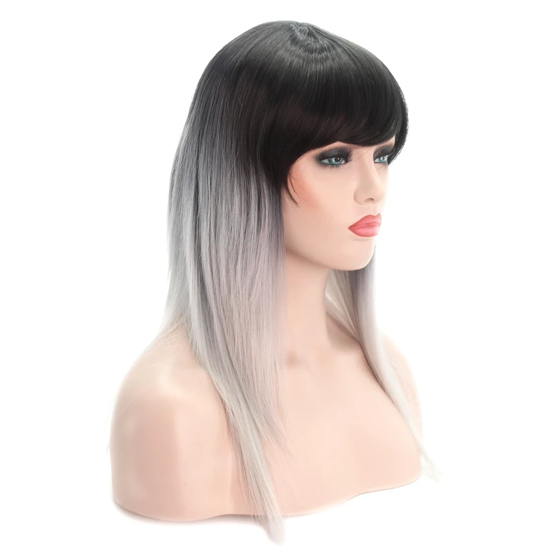 

Black ombre silver color silk straight synthetic lace front hair wig