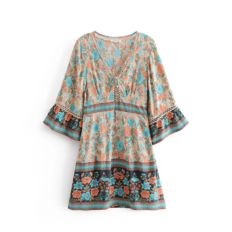 

Good quality long sleeve floral print fashion women summer holiday beach short dress