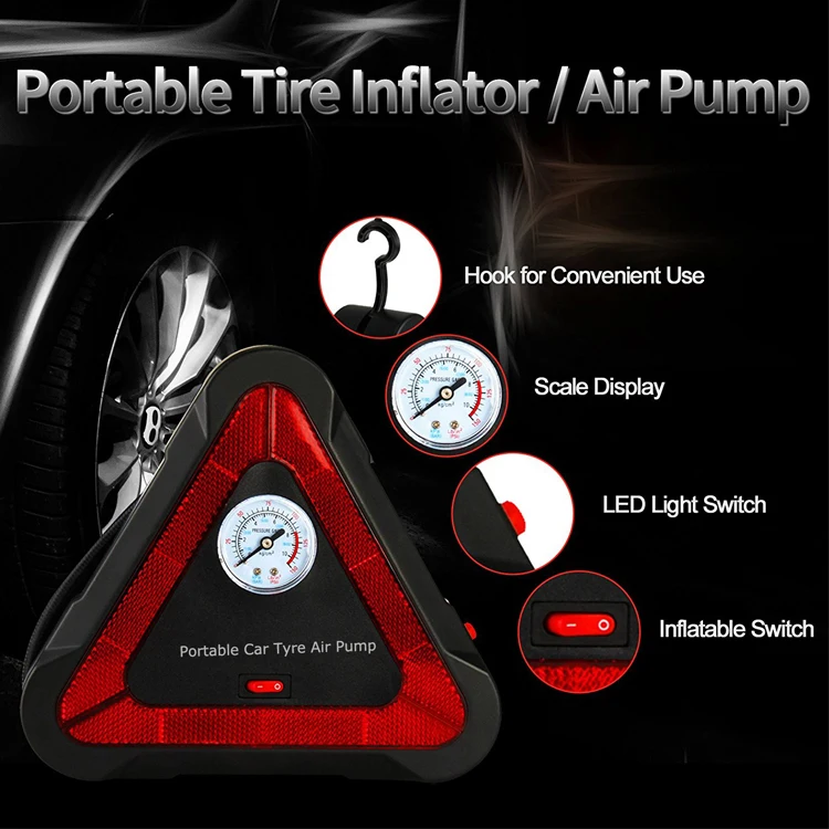 Amazon hot triangle design portable tire pressure inflator,150psi car tyre pump inflator with led light