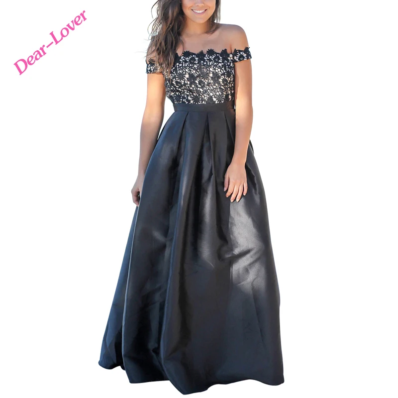 

Black Crochet Top Off Shoulder Pleated Waist Flared Maxi Evening Dress, N/a