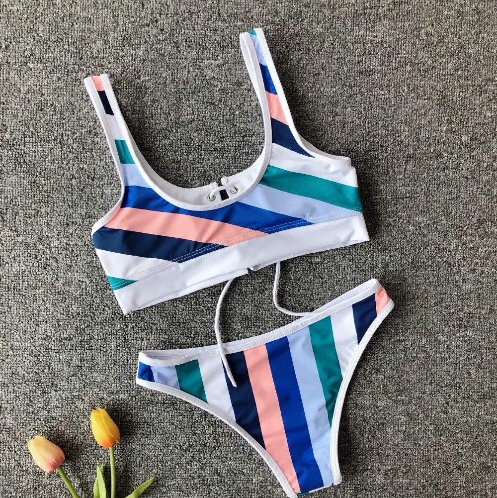 lock button colored bar two pieces bikini split swimming suit