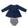 wholesale 2 pcs denim long sleeve denim tops with buttons+black and white stripe shorts outfits children clothing set baby suit