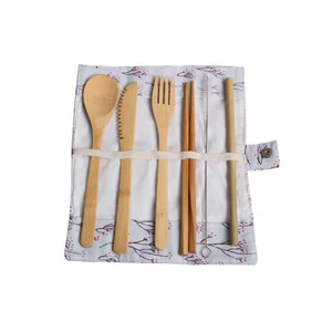Image of eco friendly travel bamboo cutlery set, sustainable wood flatware kit, spoon fork cutlery set in pouch