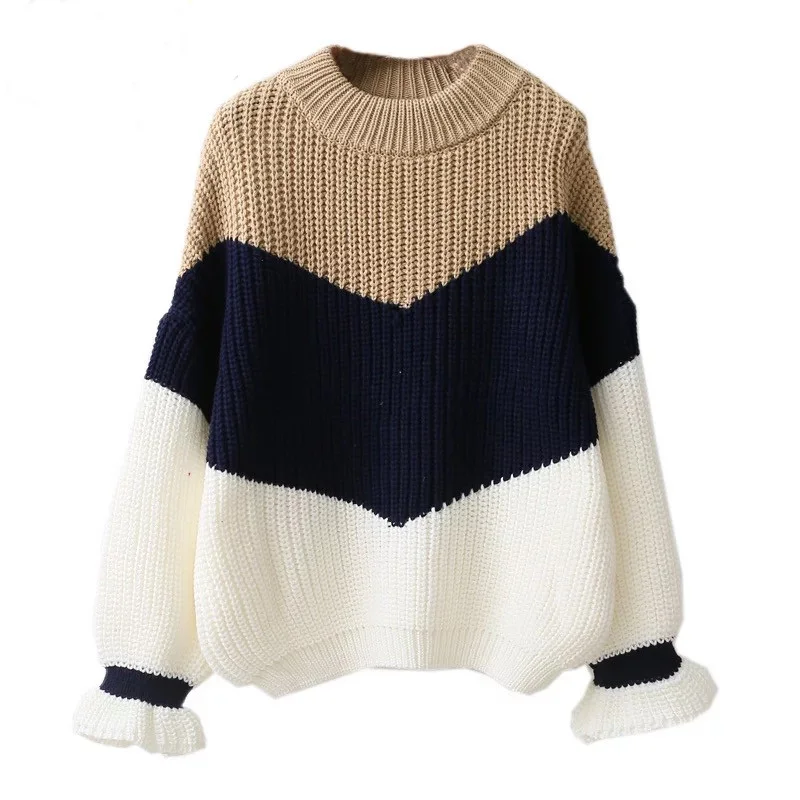 Korean Design Pullover Sweater Crew Neck Multicolour Ruffle 