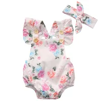 

Fashion Summer Flower Baby Girls Rompers With Headband Baby Clothes Set Infant Clothing Floral Print Cute Causal Ropa Bebes
