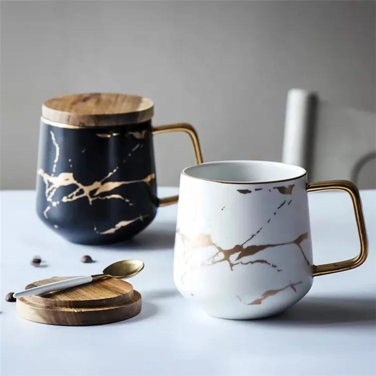 

Valentine gift nordic style gold handle marble couple ceramic coffee mugs with lids