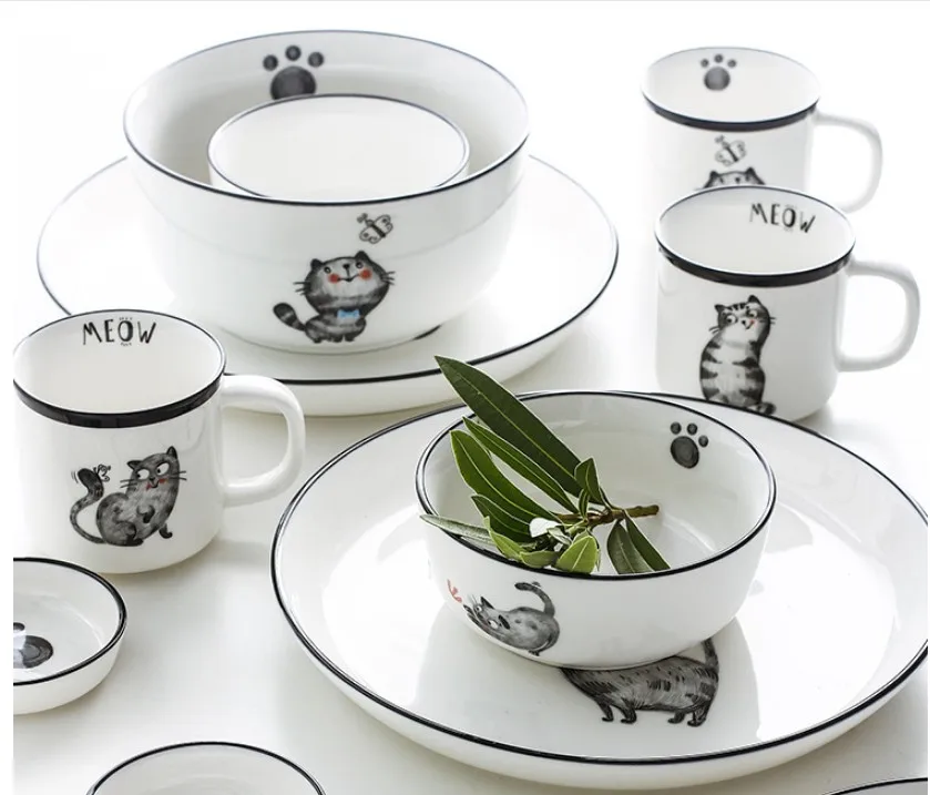 Cute White Ceramic Tableware Decal Cat Design Dinnerware Set For Kids